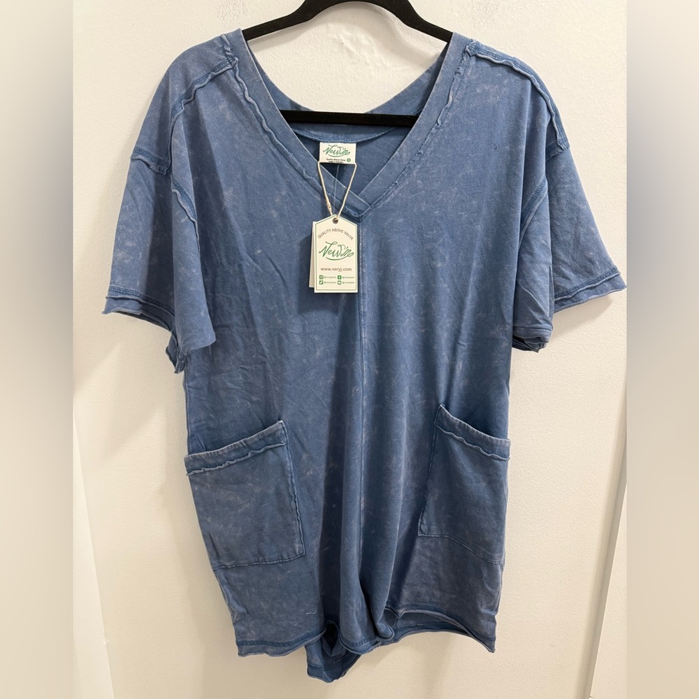 Very J Blue V-Neck Jumpsuit